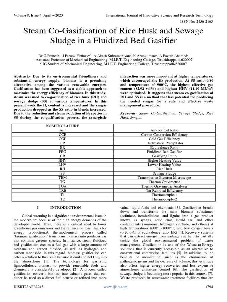 Steam CoGasification of Rice Husk and Sewage Sludge in A Fluidized Bed