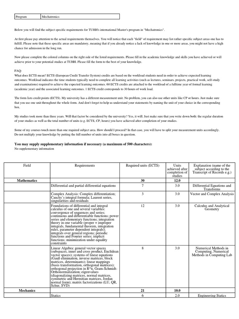 Requirements And Self Assessment For Admission To The Mechatronics 