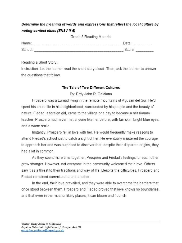Grade 8 Reading: Cultural Love Story | PDF | Learning | Behavior ...