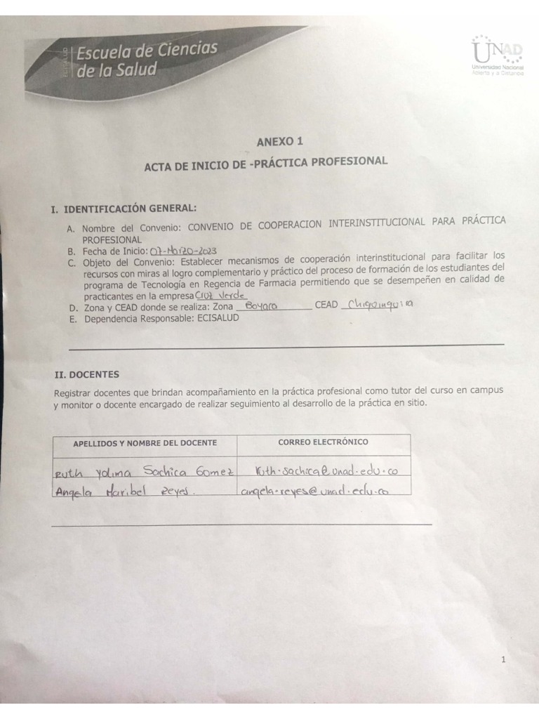 Anexo 1. Acta de Inicio de Práctica | PDF