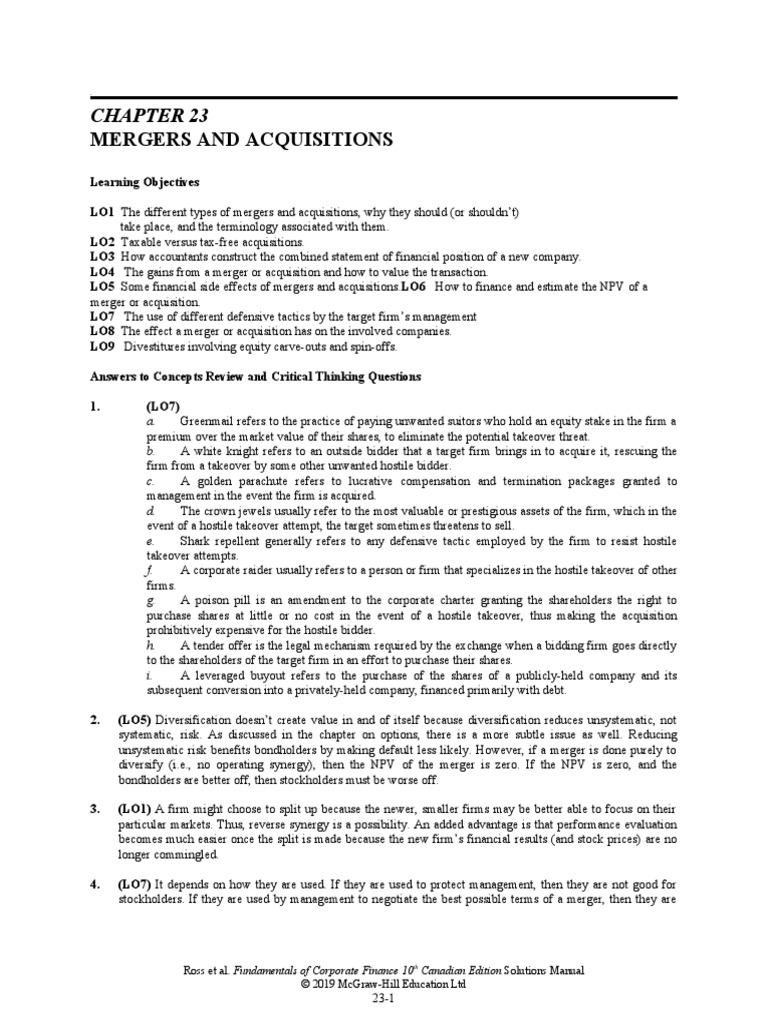 RossFCF10ce SM ch23 FINAL | PDF | Balance Sheet | Mergers And Acquisitions
