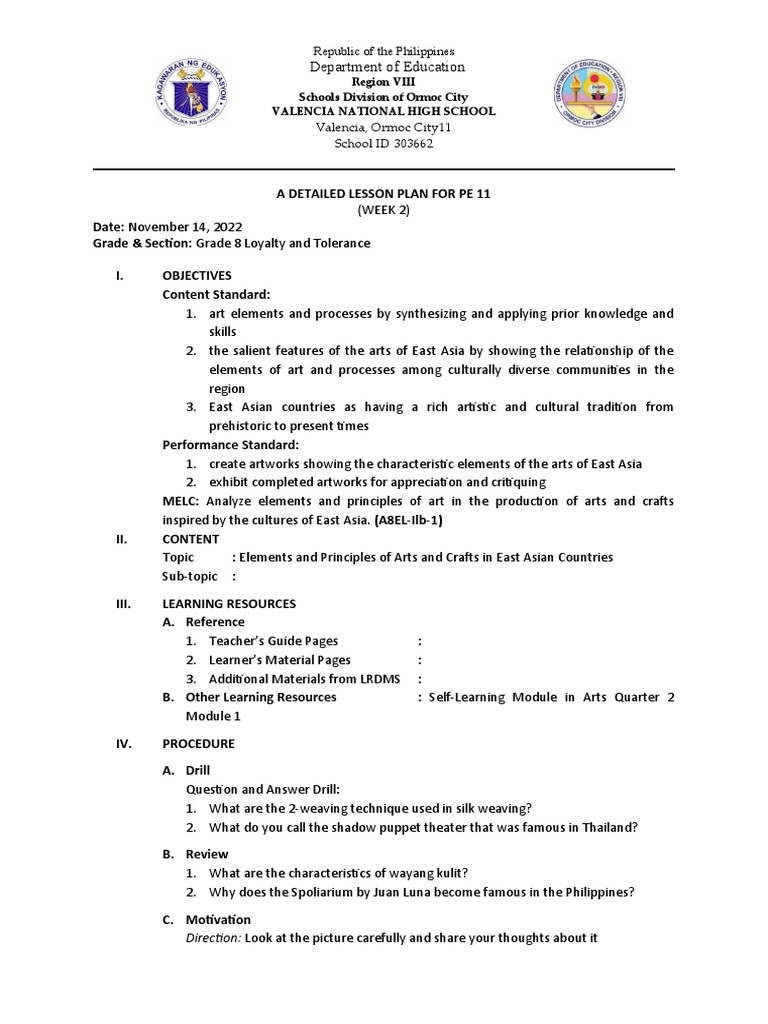 Detailed Lesson Plan for PE 11: East Asian Arts | PDF | Paintings