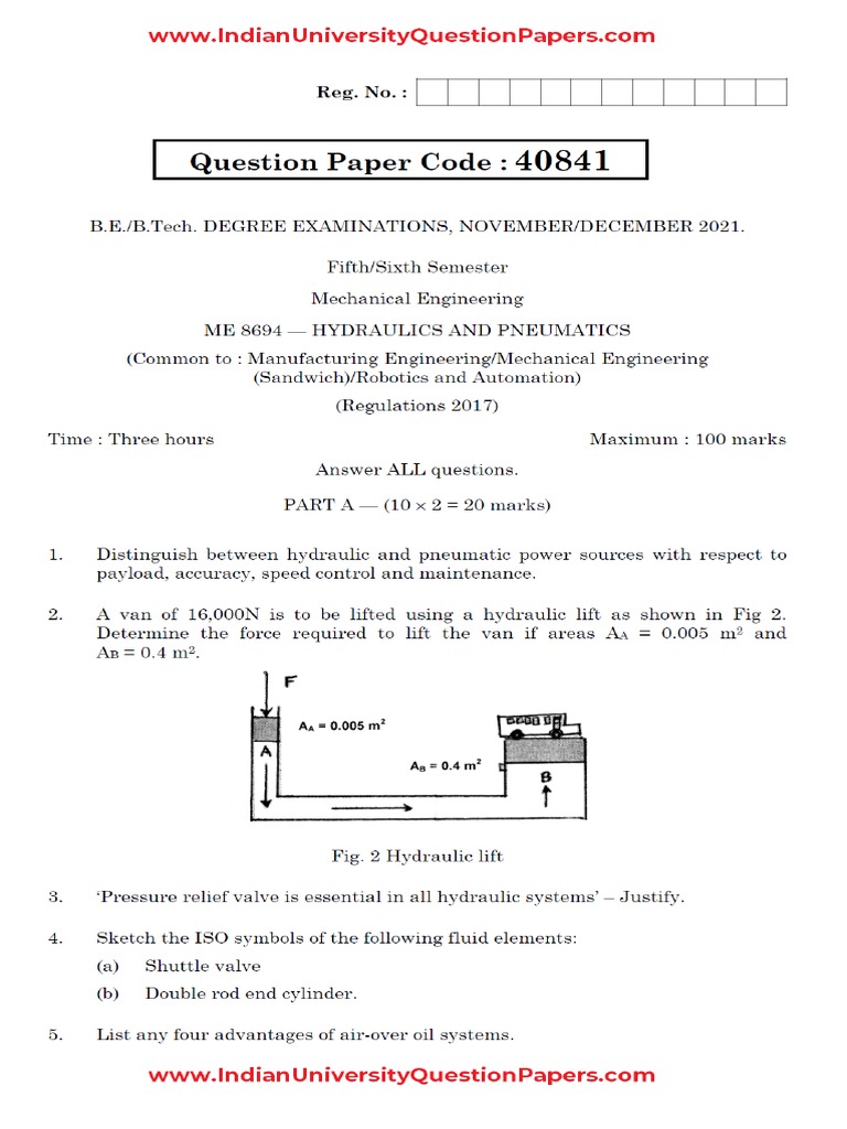 Anna University ME8694 Hydraulics and Pneumatics Nov Dec 2021 Question