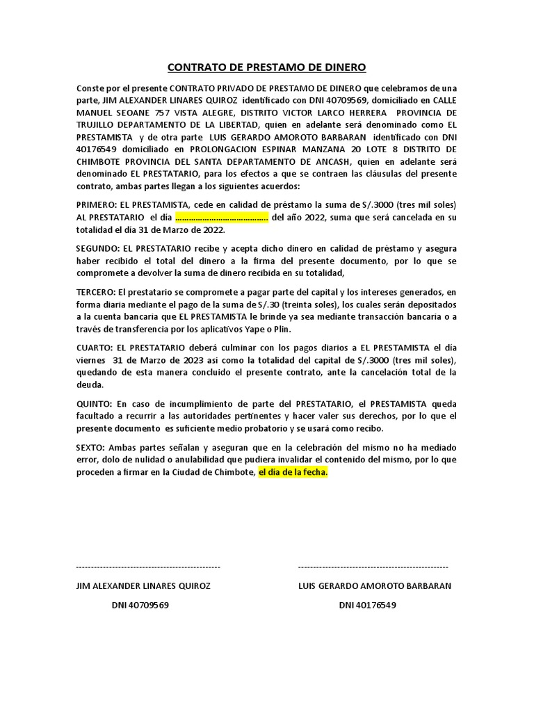 Contrato de Prestamo de Dinero | PDF | Dinero