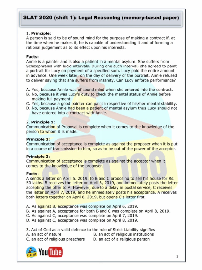 SLAT 2020 Shift 1 Legal Question Paper With Answer Key | PDF