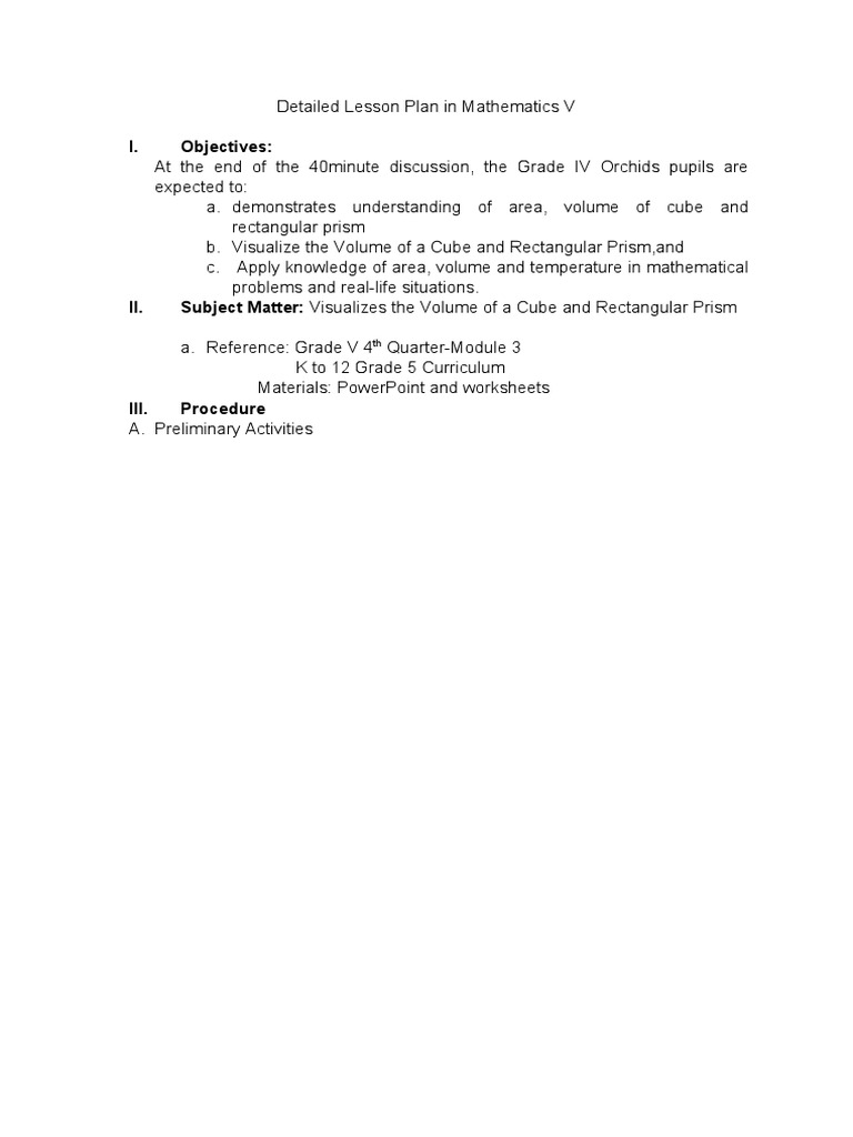 Grade V Math Lesson Plan: Volume & Area | PDF | Erosion | Soil