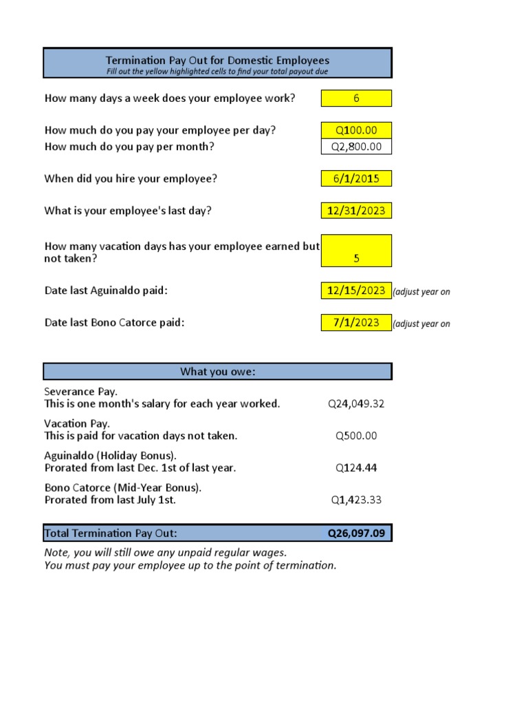 Severance Pay Worksheet Domestic Employee PDF Employment