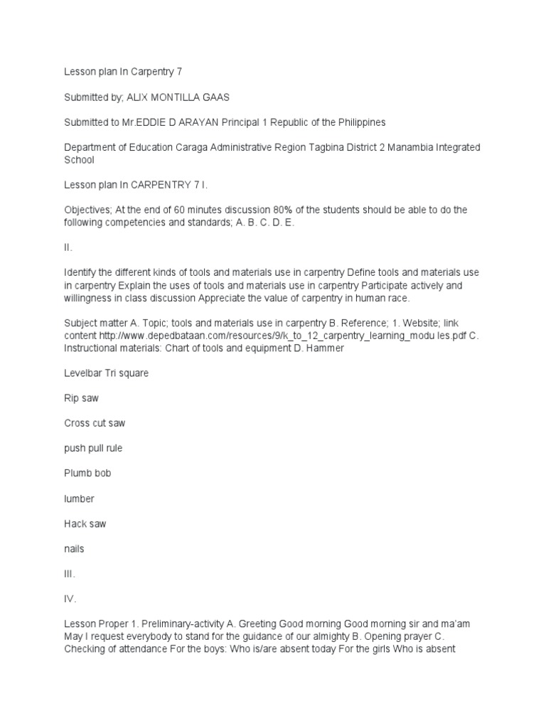 Carpentry 7 Lesson Plan Overview | PDF | Lumber | Carpentry
