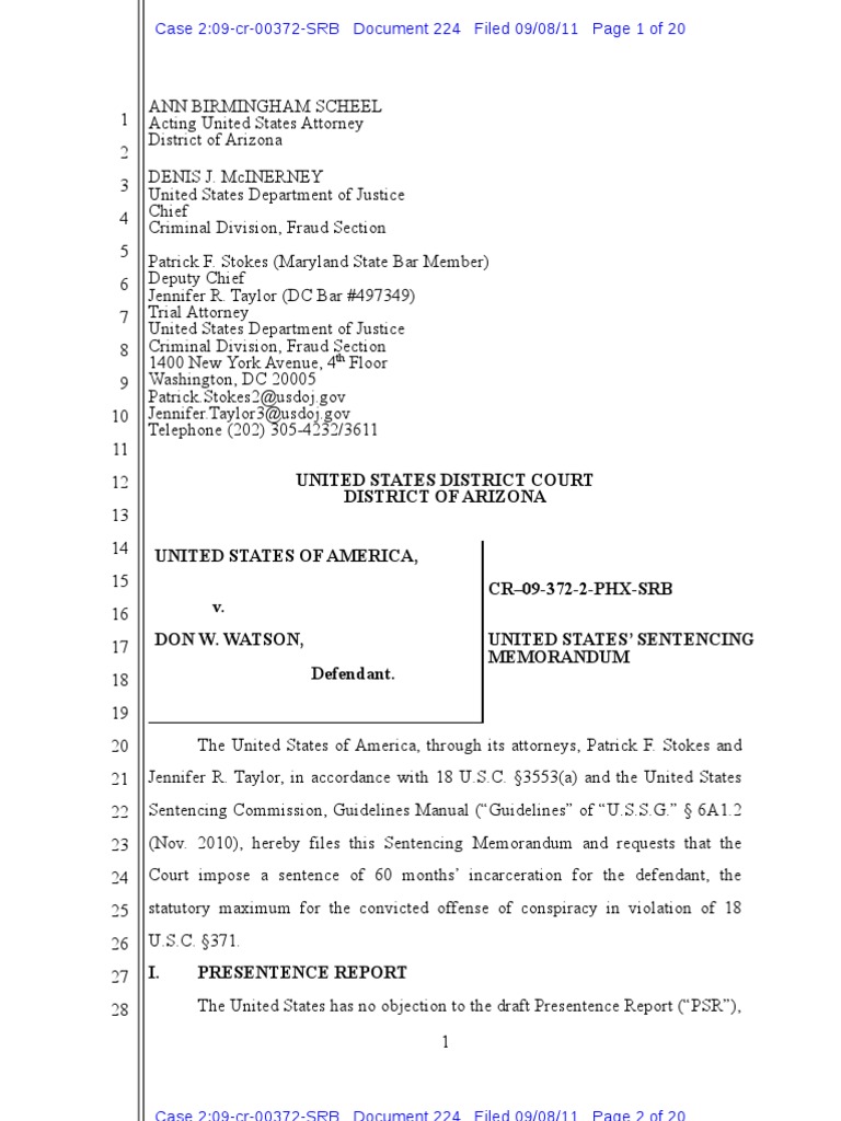 Watson Don Sentencing Memo United States Federal Sentencing