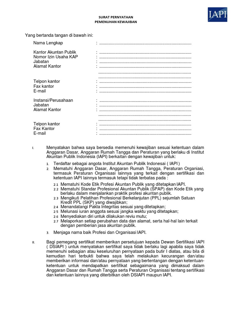 Surat Pernyataan Pemenuhan Kewajiban Anggota IAPI | PDF