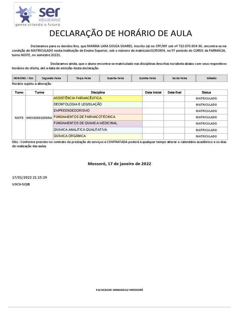 Declaração de Horário de Aula | PDF