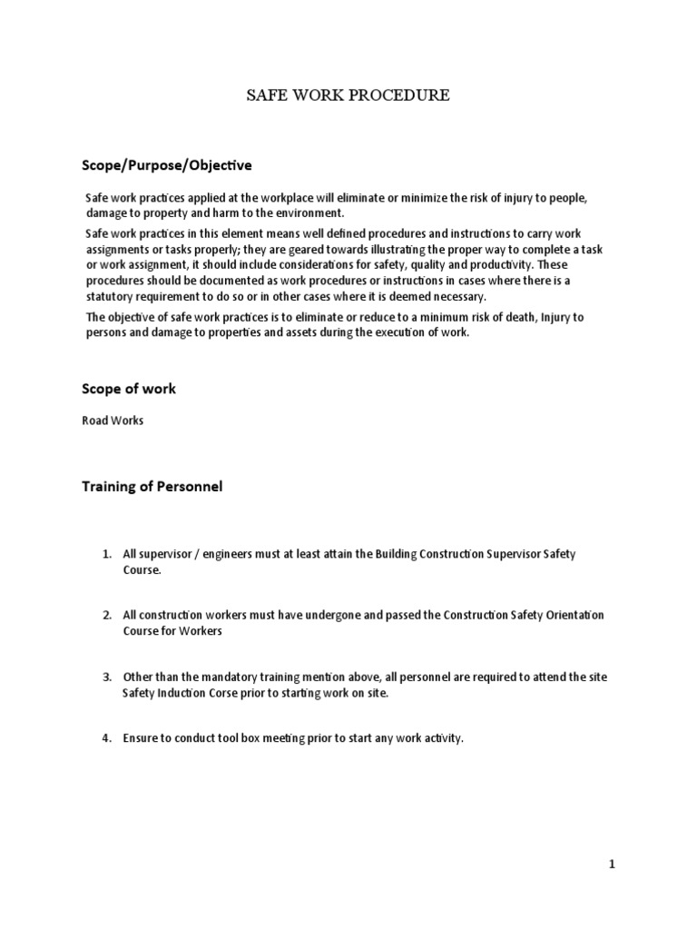SAFE WORK PROCEDURE Road Work PDF Safety Risk