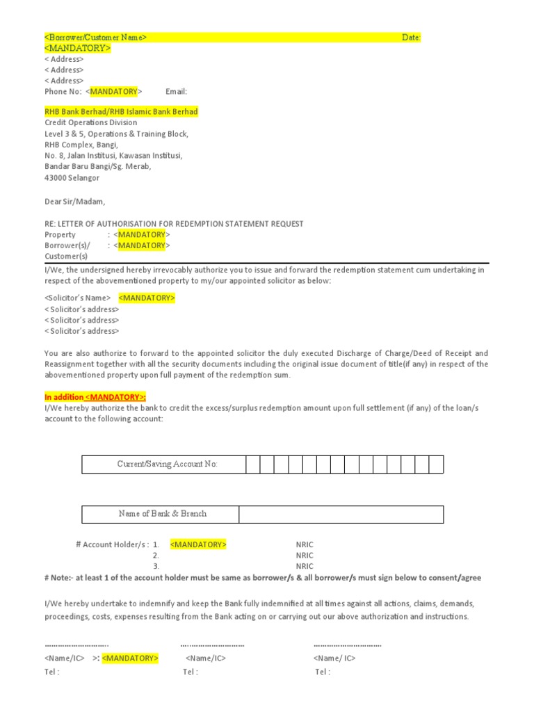 RHB Bank STANDARD AUTHORIZATON FOR REDEMPTION STATEMENT PDF