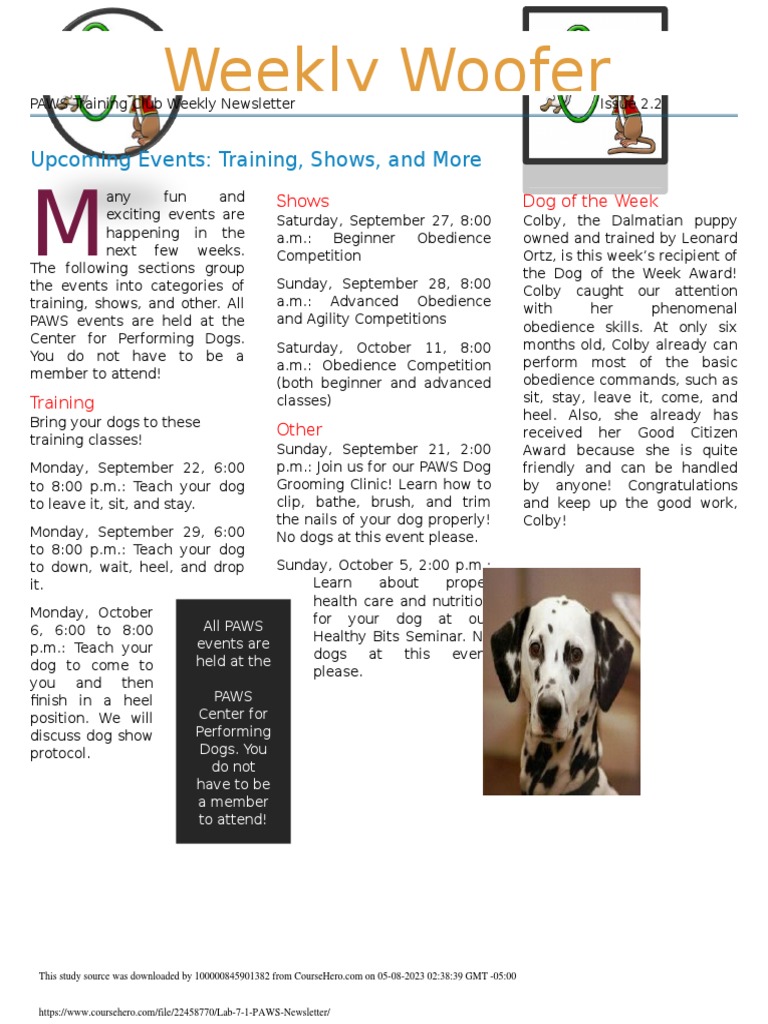 Weekly Woofer Events Training, Shows, and More PDF Dog