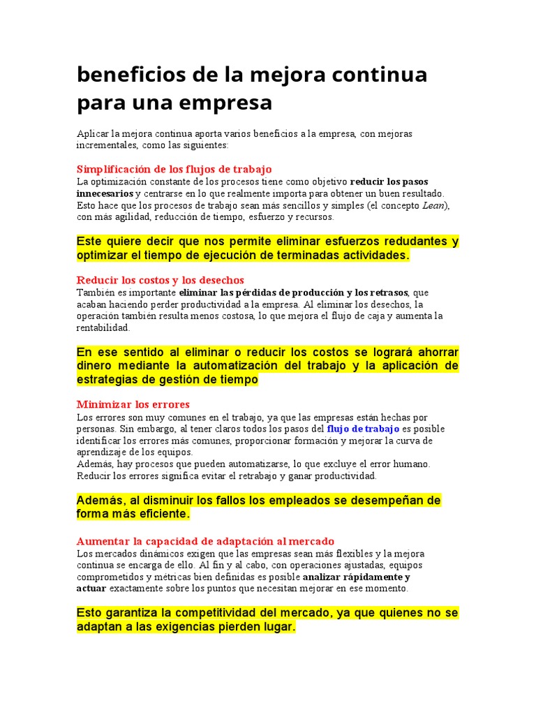 Beneficios de la Mejora Continua Empresarial | PDF | Ciencias ...
