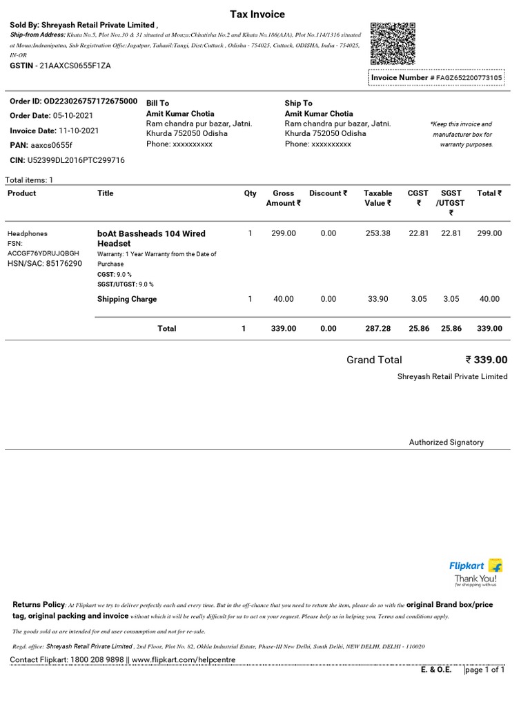 Headphones Purchase Invoice boAt Bassheads 104 Wired Headset PDF