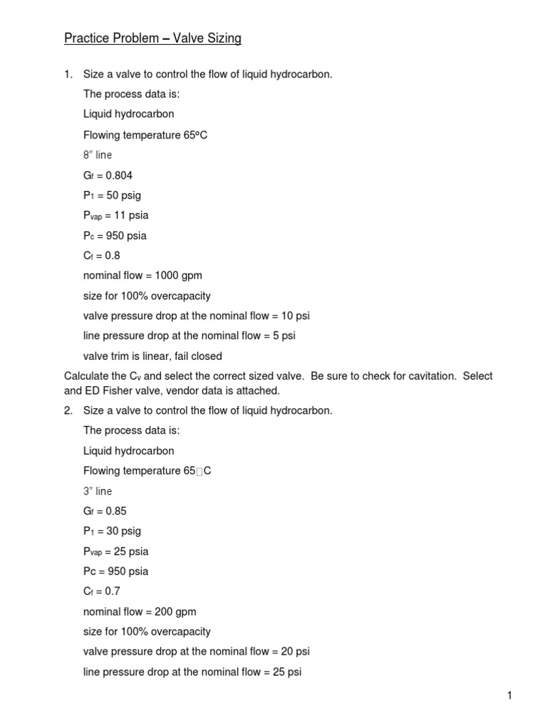 Fisher Valve Sizing Practice Problems | PDF | Valve | Pressure
