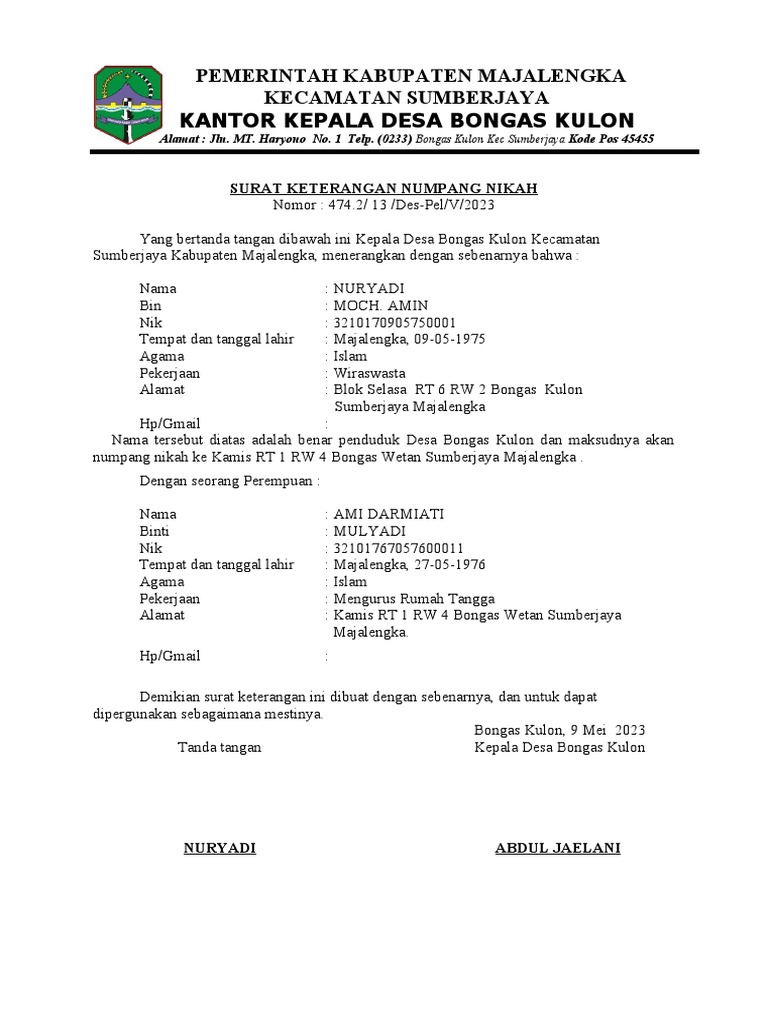 Surat Keterangan Numpang Nikah | PDF