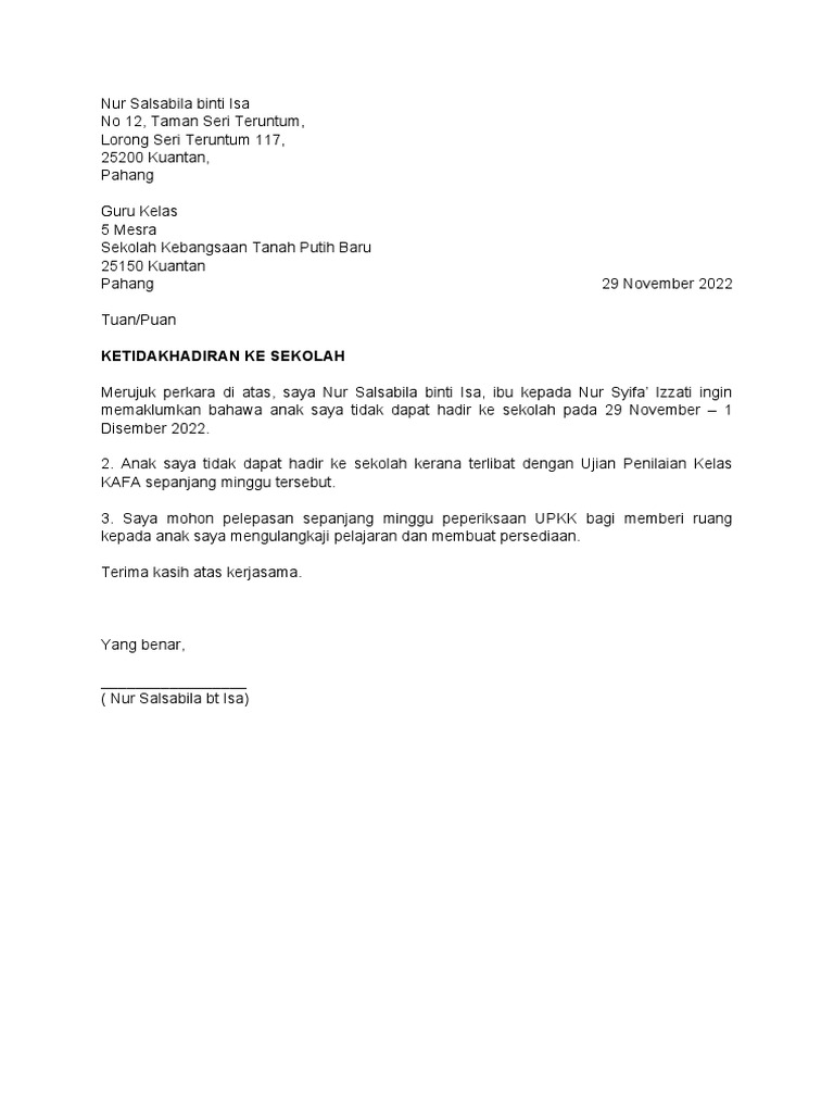 Surat Tidak Hadir Sekolah Pdf