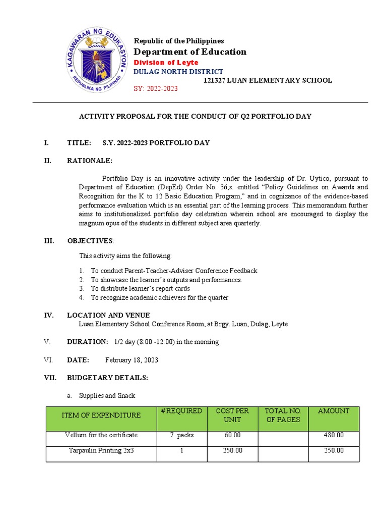 Showcasing Student Achievement A Proposed Activity Plan for Luan Elementary School