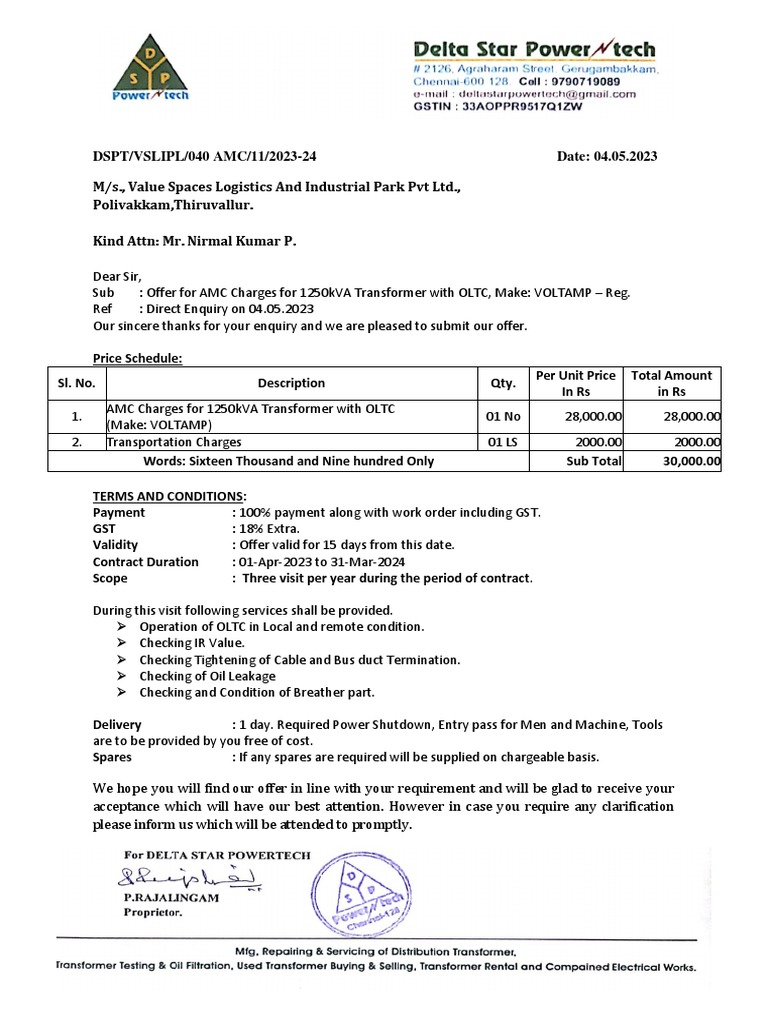 AMC Quotation For 1250kVA Transfoemr VSLIPPL PDF PDF