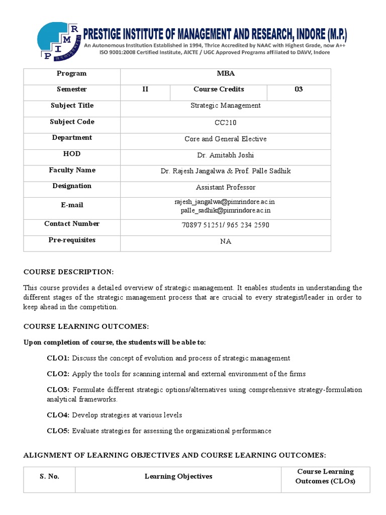 Strategic Management - MBA II Semester | PDF