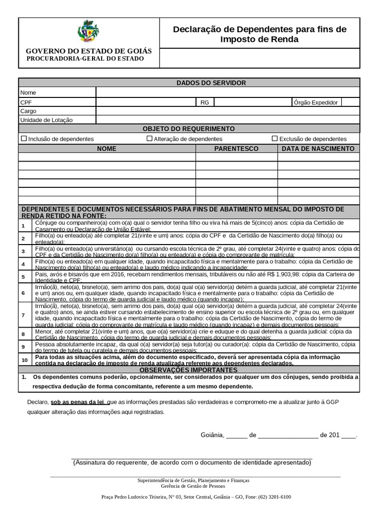 Declaracao de dependentes para fins de imposto de renda pdf parentesco