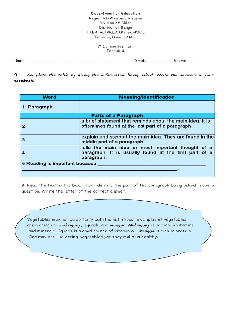 1st Summative Test Analyzing Parts of a Paragraph and Identifying Word