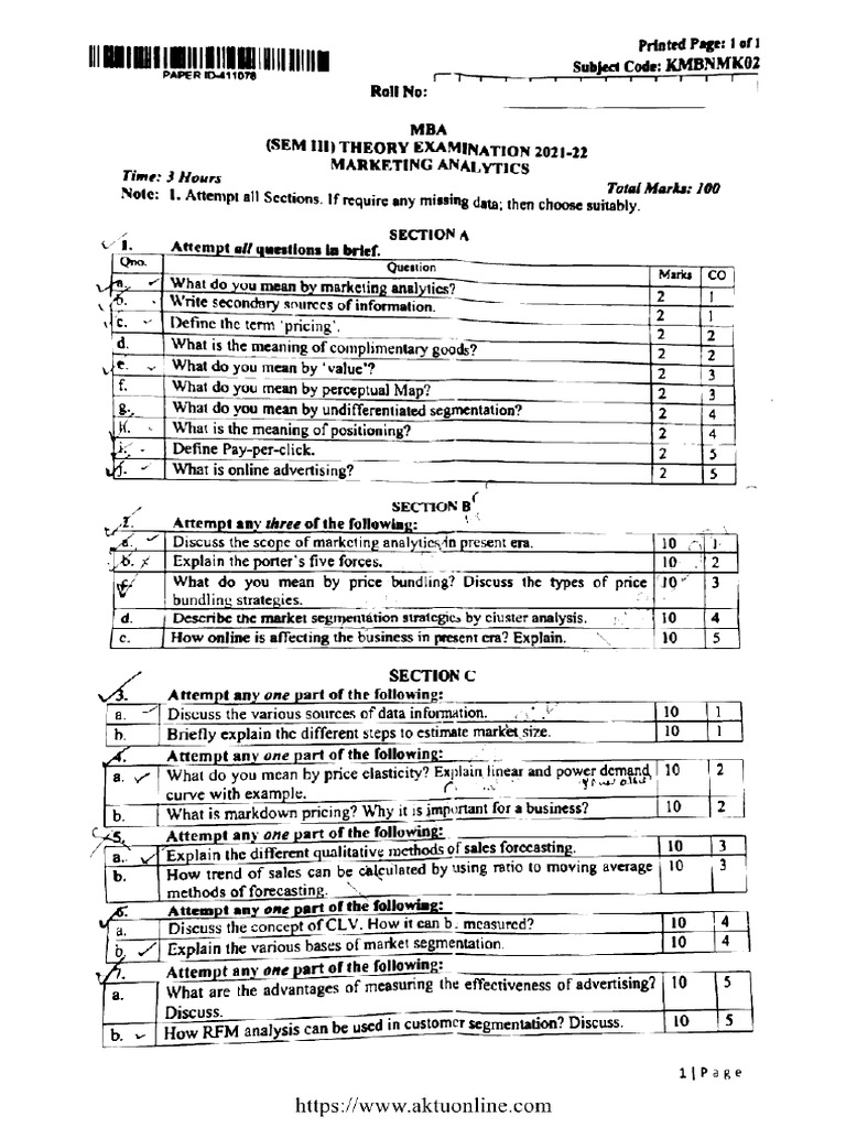 Mba 3 Sem Marketing Analytics kmbnmk02 2022 PDF | PDF