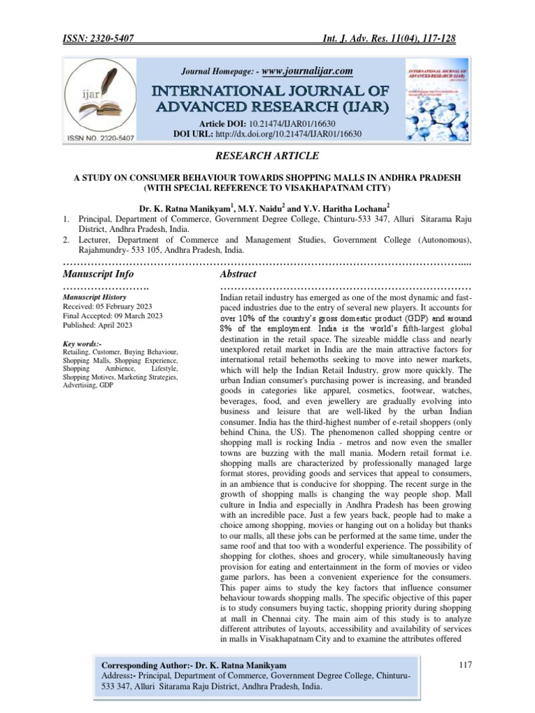 A Study On Consumer Behaviour Towards Shopping Malls In Andhra Pradesh