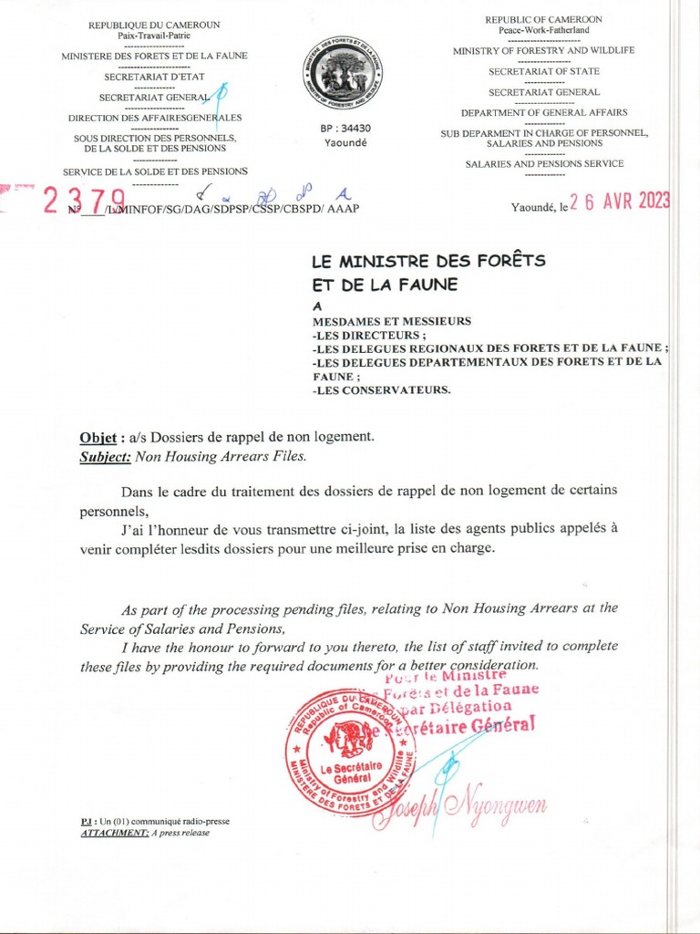 Lettre 2379 Et Communiqué 0073 Du 26 04 2023 MINFOF CAMEROUN PDF | PDF