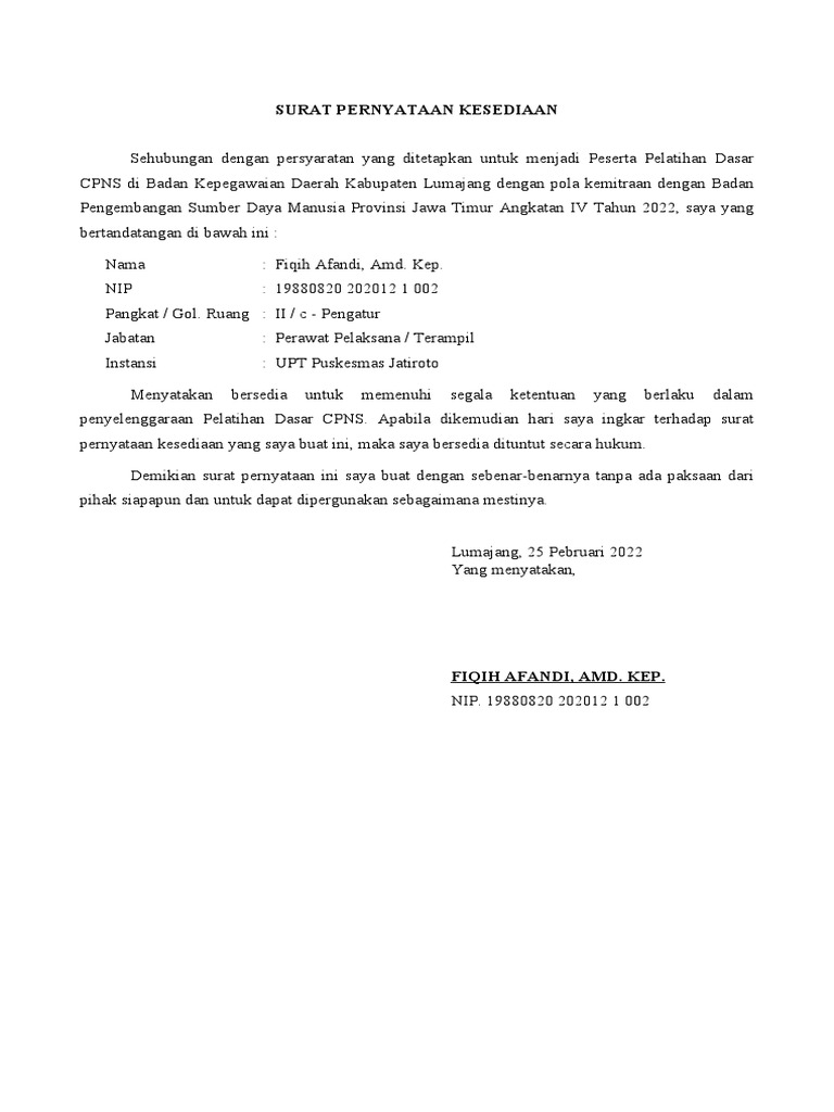 Format Surat Pernyataan Kesediaan-1 | PDF