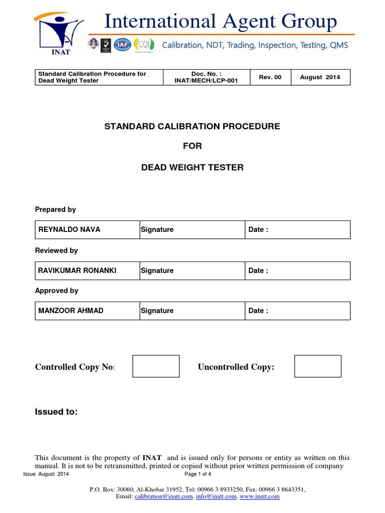 001-Dead Weight Tester | Download Free PDF | Calibration
