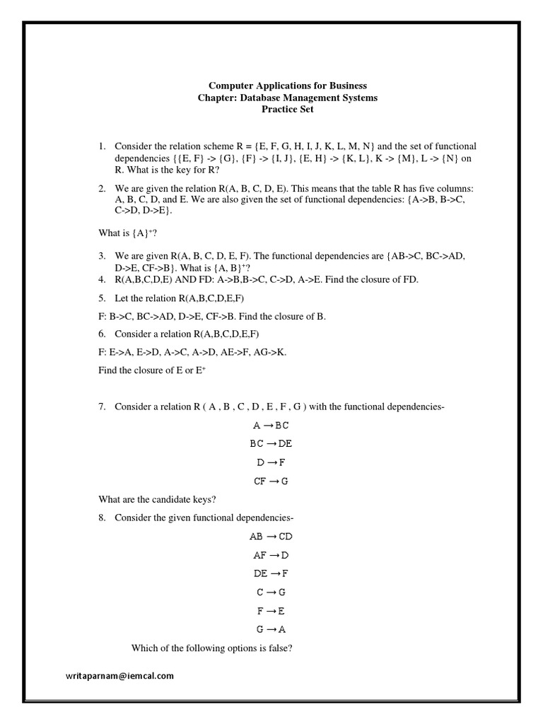 Functional Dependency Practice Set | PDF