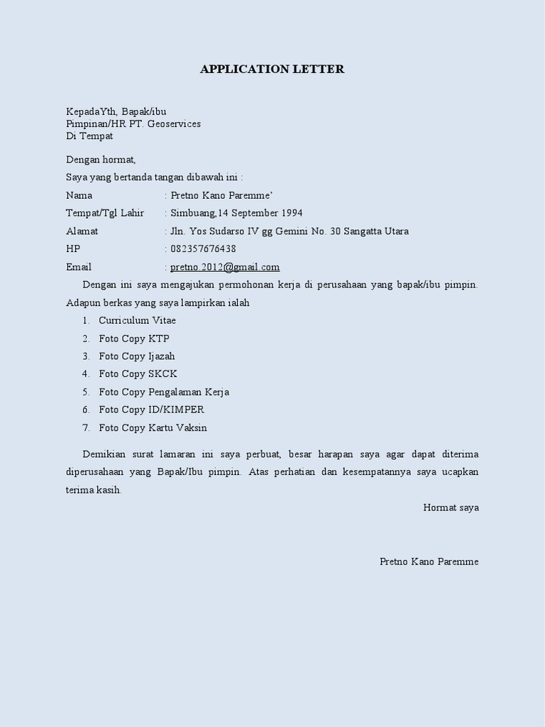 Surat Lamaran Kerja Di Pt Geoservices Pdf