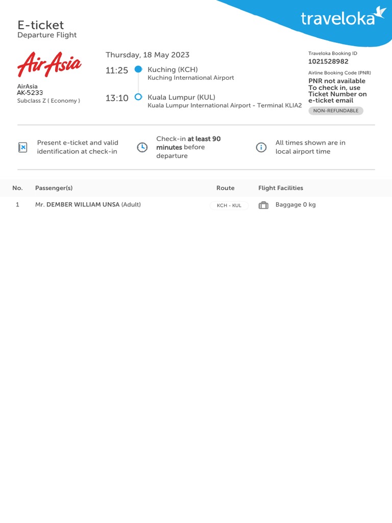 AirAsia E-Ticket and Flight Details | PDF | Transport | Aviation