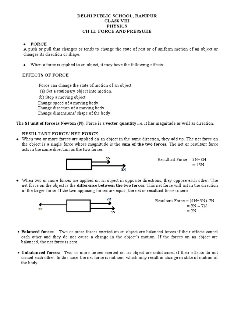 Force and Pressure Concepts for Class 8 | PDF | Force | Pressure