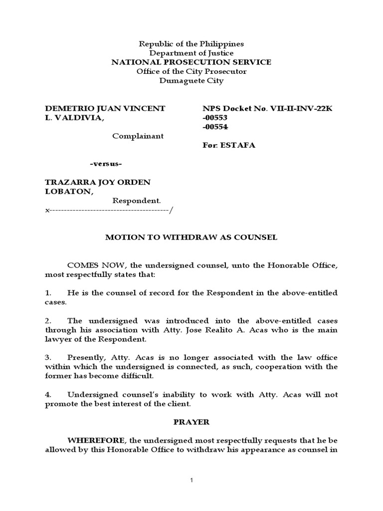 Motion To Withdraw As Counsel PDF Common Law Ethical Principles