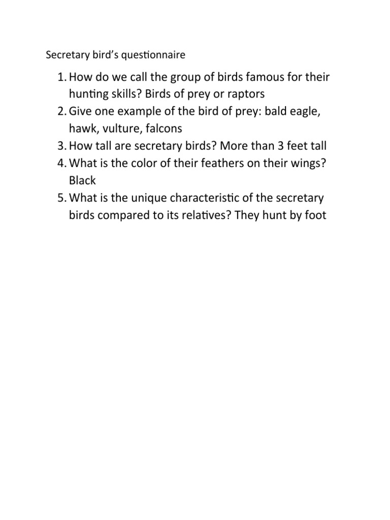 Secretary Birds Questionnaire | PDF