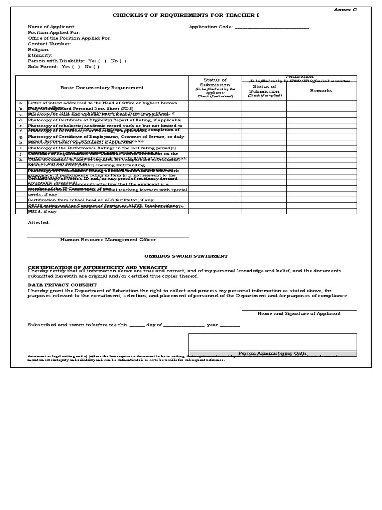 Annex C Checklist of Requirements and Omnibus Sworn Statement PDF