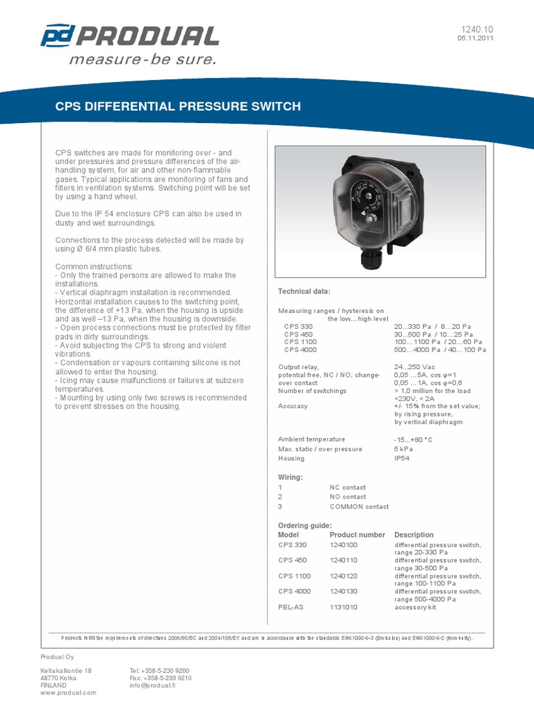 CPS Differential Pressure Switch Technical Specifications and