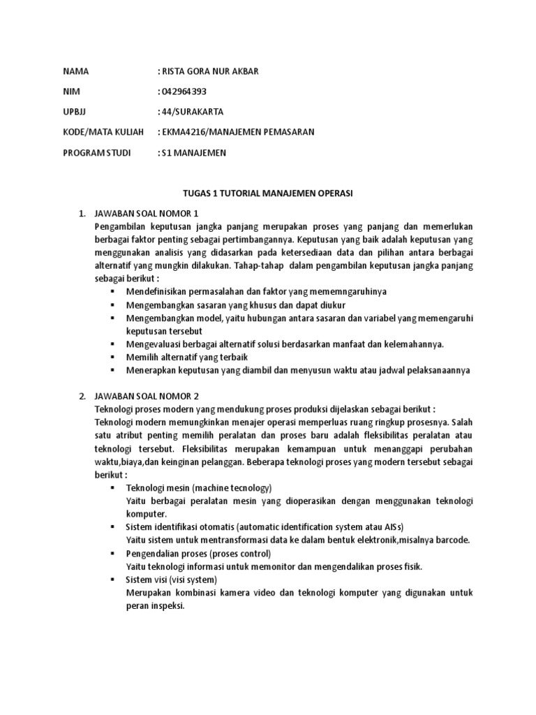 Tugas 1 Tutorial Manajemen Operasi | PDF