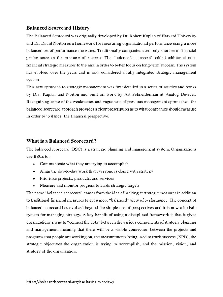Balanced Scorecard History PDF Strategic Management Leadership