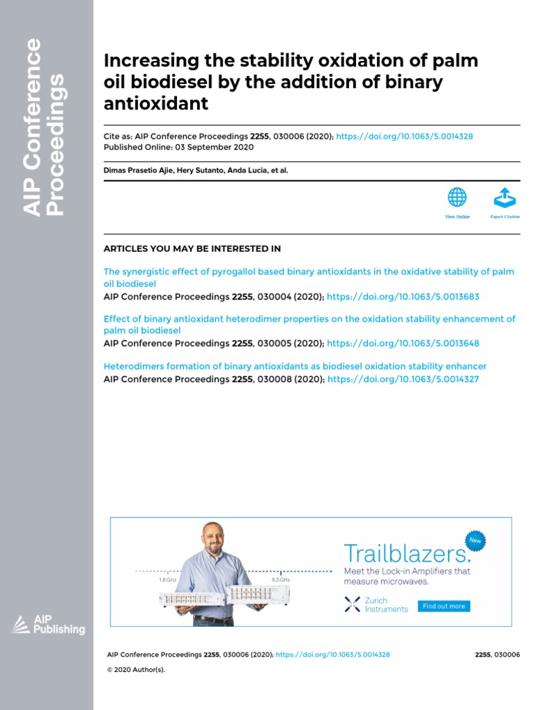 Increasing the stability oxidation of palm oil biodiesel by the addition of binary antioxidant PDF