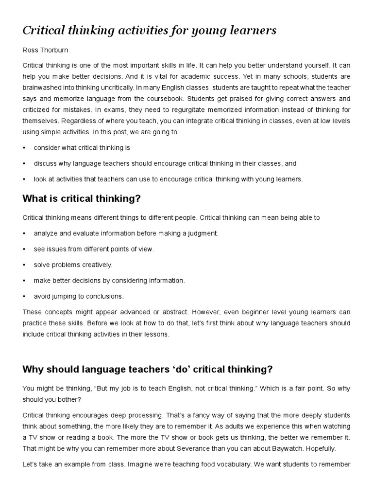 Critical Thinking Activities For (Low Level) Young Learners | PDF ...