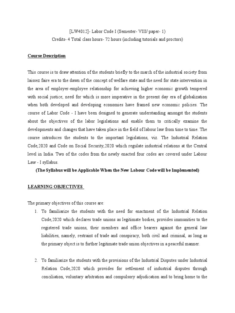 Labour Code - I, LW 4012,8th Sem | PDF | International Labour ...