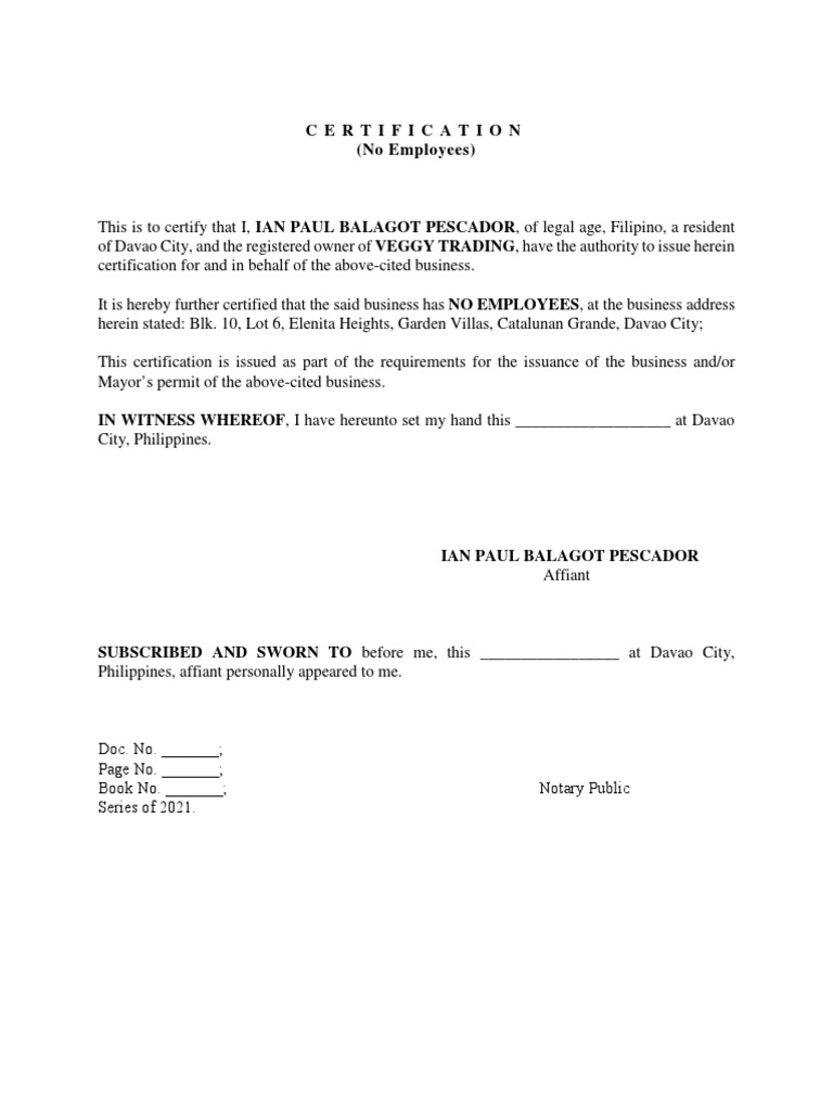 Certification of No Employees for Permit | PDF | Business | Finance ...
