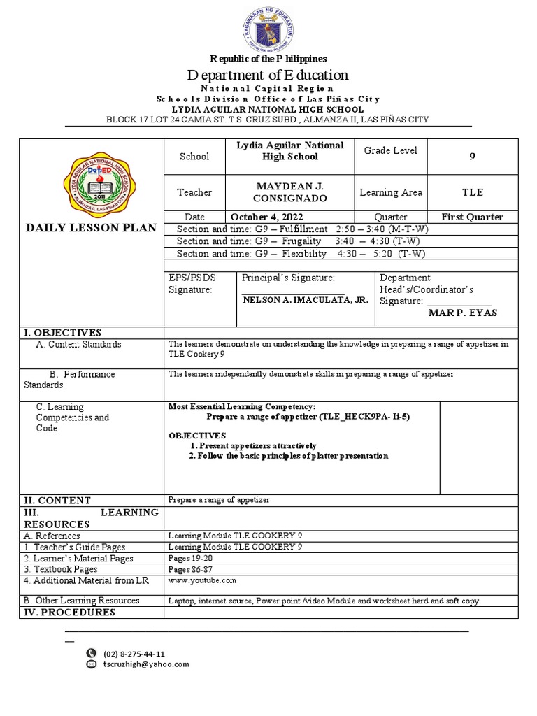 Daily Lesson Plan for TLE Cookery 9 | PDF | Learning | Breads