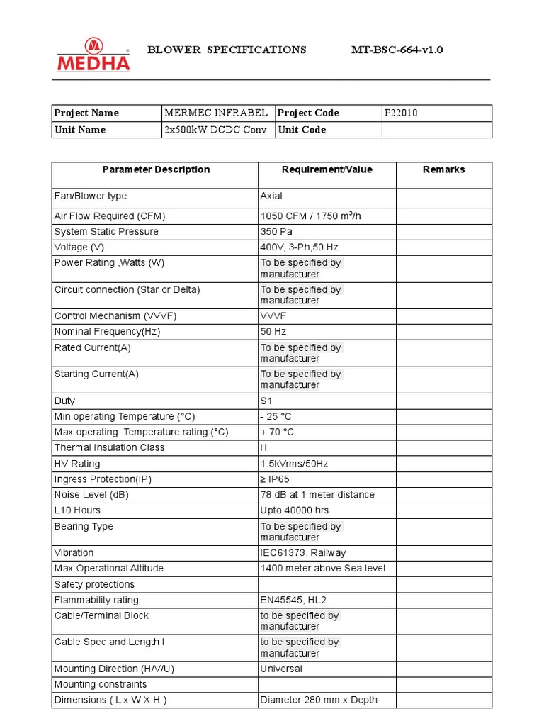 Blower specifications for MERMEC INFRABEL Project P22010 | PDF ...