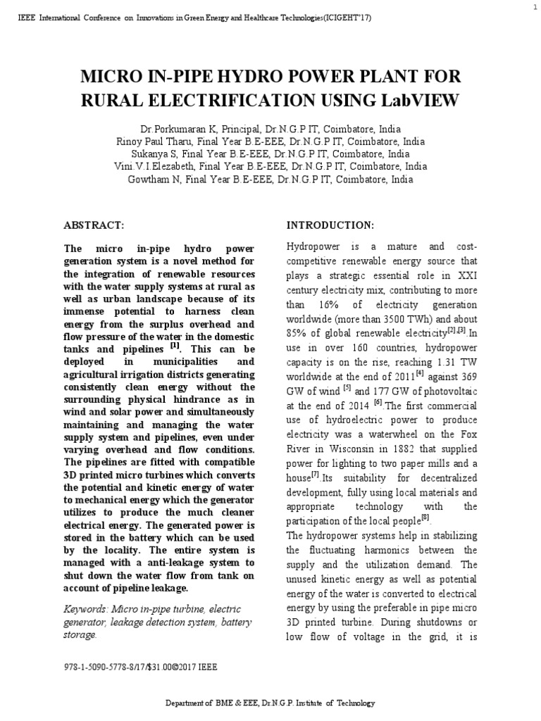 Micro in pipe hydro power plant for rural electrification using labview